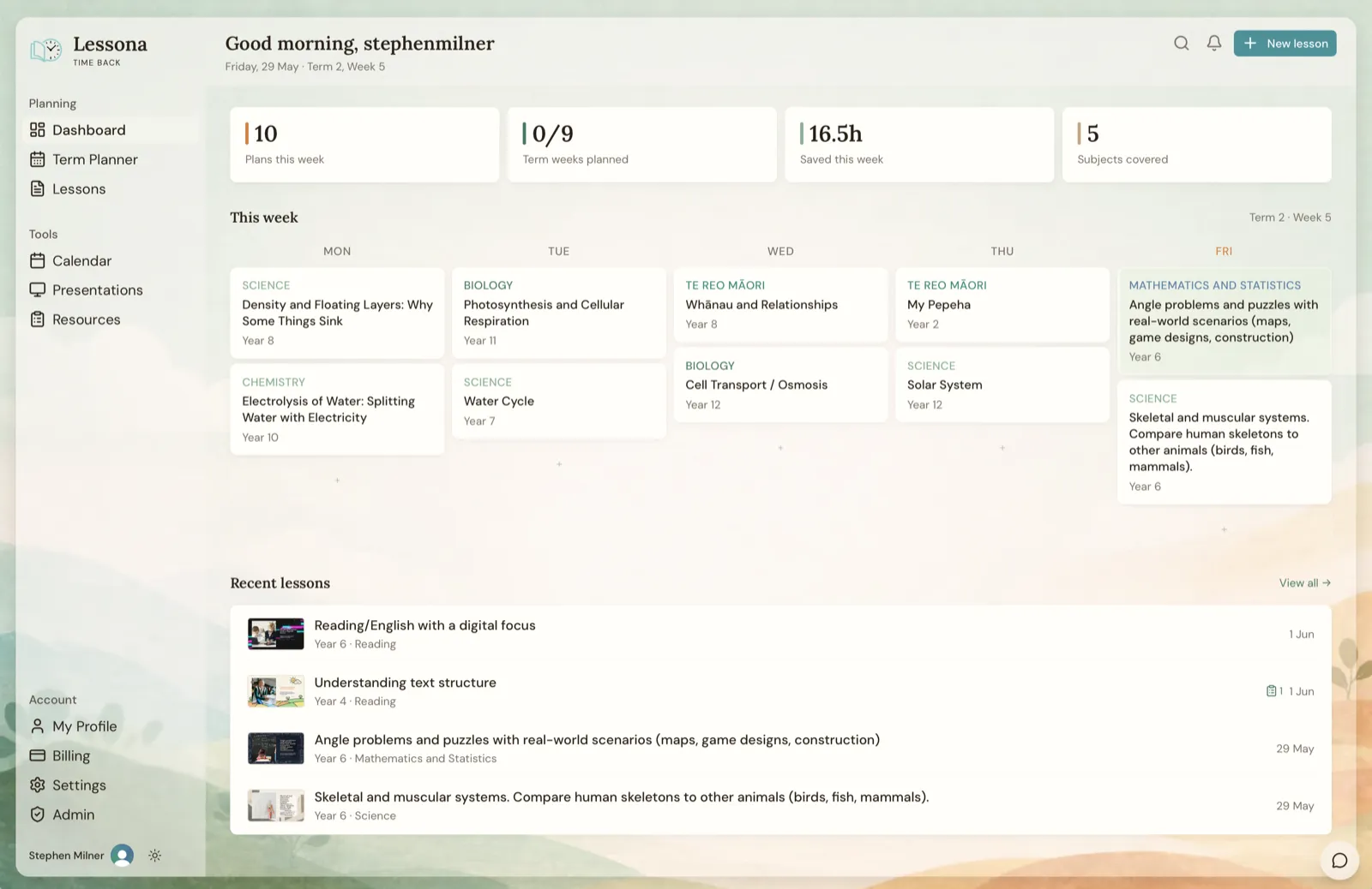 The Lessona planning dashboard showing a teacher's week of lessons across subjects, with hours saved and recent lessons