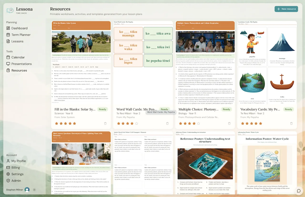 The Lessona resources screen showing generated worksheets and posters